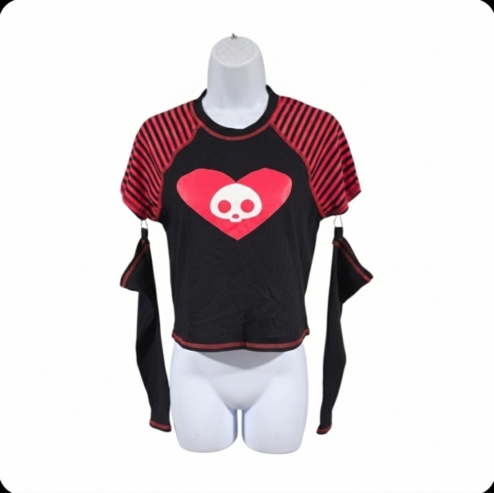 Skelanimals Red Black Stripe Skull Heart Crop Top E-Girl Size Small - Picture 2 of 3